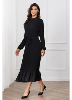 Step out in the timeless Midnight Grace Midi Dress, a sleek black piece with a flattering fit-and-flare silhouette. The simple design is elevated with subtle pleating at the hem, making it a versatile choice for both casual and formal settings. Hand wash, Line dry, Cool iron, Do not bleach, Do not tumble dry. Please refer to our body measurements guide for your best fit. Model is 5'5" tall and wearing a size "S" Skirt Outfits Fall, Fall Skirts, Tops Fall, Fall Shopping, Fall Dresses, Skirt Outfits, Xl Dress, Skirt Top, Body Measurements