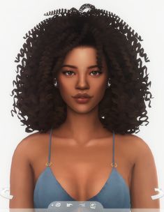 an animated image of a woman with curly hair and blue bra top, standing in front of a white background