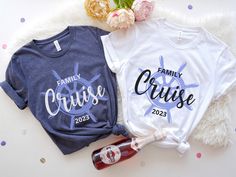 two family cruise t - shirts next to a bottle of wine and confetti