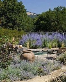 an elephant is standing in the middle of a garden with purple flowers and lavenders