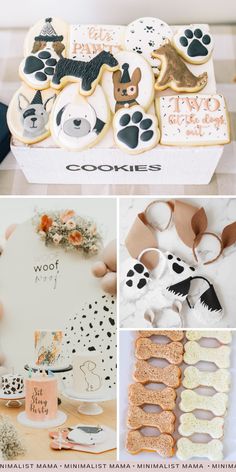 a collage of pictures with cookies and other things to eat on the cake table