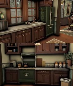 two pictures of a kitchen with brown cabinets and green appliances