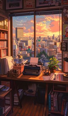 a desk with a typewriter, bookshelf and plant in front of a window