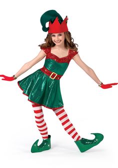 H284 - Santa's Helper #dancecostume #recitalcostume #holidaycostume Elf Costume Ideas, Christmas Elf Costume Diy, Girl Elf Costume, Diy Elf Costume, Diy Christmas Elves, Christmas Dance Costumes, Elf Dance