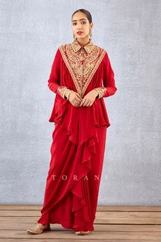 Shop for Torani Red Silk Crepe Sindoori Saroja Shirt And Dhoti Skirt Set for Women Online at Aza Fashions Dhoti Skirt Outfits, Dhoti Design, Dhoti Dress, Dhoti Skirt, Yoke Shirt, Tandoori Masala, Indo Western Dress, Dress Design Patterns, Beautiful Dress Designs