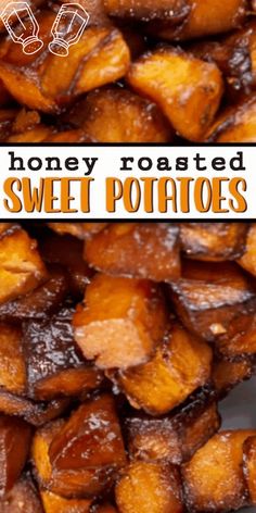 honey roasted sweet potatoes on a plate with text overlay that reads honey roasted sweet potatoes