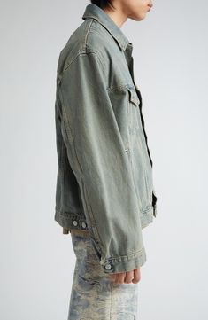 A faded wash and light distressing bring an instant lived-in look to this trucker jacket crafted in an oversized fit from nonstretch denim. 26" length (size XX-Small/X-Small) Front button closure Spread collar Button cuffs Chest button-flap patch pockets; front welt pockets Adjustable button side tabs 100% cotton Machine wash, tumble dry Made in Italy Designer Clothing Urban Style Faded Washed Denim Jacket, Urban Faded Washed Denim Jacket, Relaxed Fit Distressed Washed Blue Denim Jacket, Acid Wash Distressed Denim Jacket For Streetwear, Relaxed Fit Washed Blue Distressed Denim Jacket, Washed Blue Distressed Denim Jacket In Relaxed Fit, Urban Faded Denim Jacket For Streetwear, Faded Urban Denim Jacket In Relaxed Fit, Oversized Distressed Faded Denim Jacket