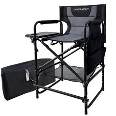 a folding chair with a side table and carrying bag