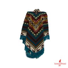 Native American poncho, inspired by Geometric Designs of the Andes, handmade. Experience the freedom of movement and the soft, smooth material. Ecuadorian artisans make these ponchos in the Andes with ancient techniques and unique designs. These luxurious alpaca wool ponchos will keep you warm through winter and fall in style. Ideal for camping or on cold winter nights. This poncho fits medium to large size people. It is a standard size and fits most. Give an Alpaca Poncho. Surprise the ones you love the most with this alpaca gift! PRODUCT DETAILS: - It is thermal and insulating, so it maintains body temperature very well, regardless of external conditions and the type of environment. MEASURES: - Bell height: 33 cm - 13 inches - Shoulder width: 44 Cm - 17 Inches - Body height: 88 Cm - 35 I Bohemian Alpaca Shawl For Winter, Bohemian Blue Cape Poncho, Blue Bohemian Winter Cape, Blue Winter Festival Poncho, Blue Long Sleeve Poncho For Festivals, Blue Long Sleeve Festival Poncho, Bohemian Alpaca Cape For Winter, Bohemian Alpaca Shawl Cape, Bohemian Alpaca Poncho