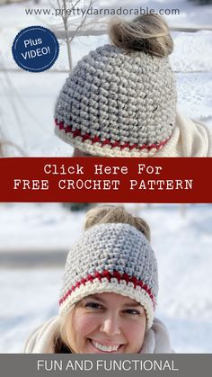 a woman wearing a crochet hat and scarf in the snow with text overlay that reads, click here for free crochet pattern