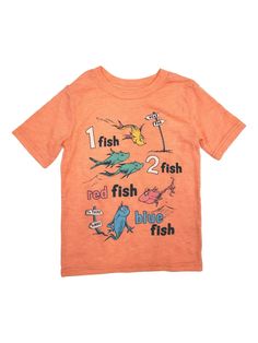 Dr Seuss Boys Orange Short Sleeve One Fish Two Fish Tee Shirt T-Shirt He will love wearing this fun orange "One fish, two fish, red fish, blue fish" Dr Seuss t-shirt! Boys sizes 83% polyester, 17% cotton Made in Indonesia Payment We accept PayPal as our payment method. Immediate payment is required. If you have any questions about payment, please feel free to contact our customer support team. Return Policy We have a no hassle return policy If you are unhappy with your purchase, please contact u Dr Seuss T Shirts, Red Fish Blue Fish, One Fish Two Fish, Two Fish, One Fish, Blue Fish, Orange Shorts, Red Fish, Support Team