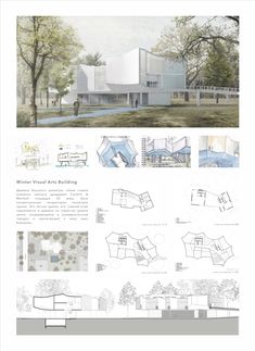 an architectural drawing shows the various sections of a building and its surrounding area, including several different