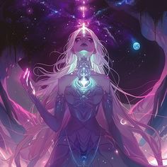 a woman with long white hair standing in front of a sky filled with stars and planets