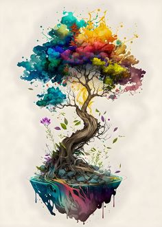 an artistic painting of a tree on top of a cliff