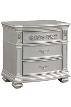 a silver nightstand with two drawers on it