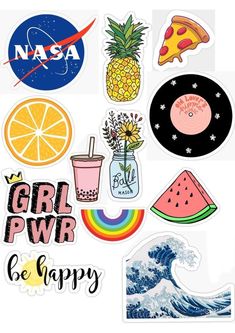 various stickers that say girl pwr be happy and have different designs on them