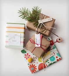 presents wrapped in wrapping paper and tied with twine