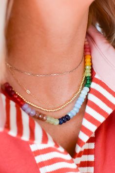 Add a pop of color to your outfit with our Rainbow Necklace Luxe- Primary! This on trend necklace stack features vibrant gemstones, making it a best seller with five stars. Stand out and be the envy of others with this playful and stylish piece. Product Details: 16" lobster claw 2" extender Rainbow Stone Necklace, Adjustable Colorful Beads Chain Necklace, Trendy Adjustable Gemstone Beads Necklace, Trendy Colorful Beads Chain Necklace Gift, Trendy Colorful Beaded Chain Necklace As Gift, Trendy Everyday Necklaces With Round Beads, Trendy Multicolor Single Strand Jewelry, Trendy Single Strand Everyday Necklace, Trendy Faceted Beads Necklaces As Gift