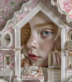 a woman with freckles on her face is in a doll house