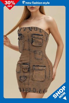 Brown Casual Pocket Backless Strapless Sleeveless Skinny Tube Denim Mini Dresses Denim Style Casual, Strapless Tube Dress, Mini Dresses Online, Denim Mini Dress, Hip Dress, Casual Skirts, Tube Dress, Wholesale Fashion, Dance Wear