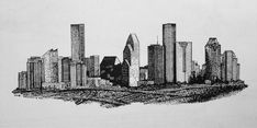 a black and white drawing of a cityscape with skyscrapers in the background