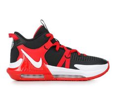 the nike kd trey basketball shoe is red and black with white accents on the upper part