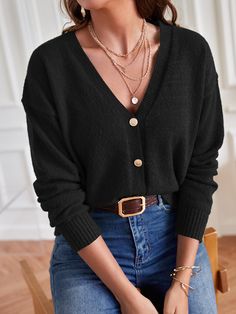 Black Casual Collar Long Sleeve Worsted Plain  Embellished Medium Stretch Spring/Fall Women Clothing Casual Chique Stijl, Woolen Tops, Áo Len Cardigan, Rib Knit Cardigan, Paris Mode, Knitting Women Cardigan, Plus Size Cardigans, Cardigan Outfits, Black Long Sleeve Top