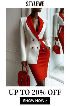 a woman in a red and white dress holding a handbag with the words up to 20 % off show now