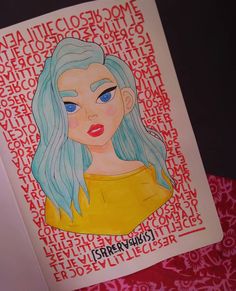 a drawing of a woman's face with blue hair and words in the background