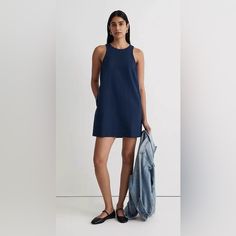 Bnwt 100% Linen Navy Mini Dress For Day Out, Casual Navy Sleeveless Dress For Spring, Casual Navy Mini Dress, Chic Navy Dress For Day Out, Casual Navy Mini Dress For Work, Blue Cotton Sleeveless Dress For Work, Navy Mini Dress For Beach, Checked Shirt Dress, Ikat Dress