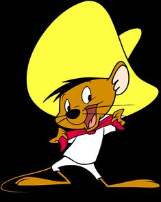 a cartoon mouse wearing a yellow hat and red scarf, with his arms out in the air