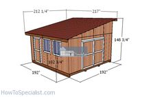 a small wooden shed with measurements for the roof and side walls, including one window