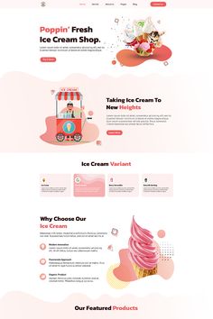 the website design for ice cream shop is shown in three different colors and sizes, including pink