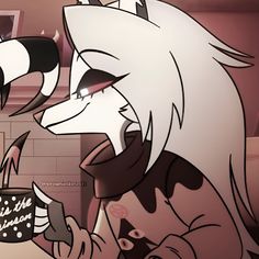 an animated image of a woman holding a cake and looking at her face in the mirror