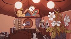 a cartoon room with lots of furniture and flowers in the foreground, an alarm clock on the wall