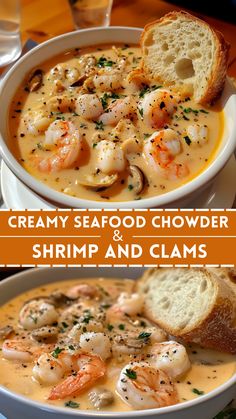 Creamy Seafood Chowder with Shrimp and Clams Shrimp Clam Chowder, Shrimp And Scallop Soup Recipes, Crockpot Seafood Soup Recipes, Shrimp And Clam Chowder, Slow Cooker Seafood Stew, Rustic Seafood Soup, Shrimp And Clams Recipes, Whole 30 Seafood Chowder, Creamy Shrimp And Crab Seafood Bisque