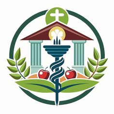 a logo for a medical center with an image of a cadus rod and apples