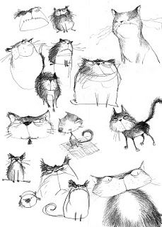 sketches of cats and kittens in various poses, from the front to the back