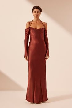 Midi Dress Formal Wedding Guest, Winter Wedding Red, Winter Bridesmaid Dresses, Long Sleeve Bridesmaid Dress, Brown Maxi Dresses, Tie Maxi Dress, Midi Dress Formal, Off Shoulder Maxi Dress, Shona Joy