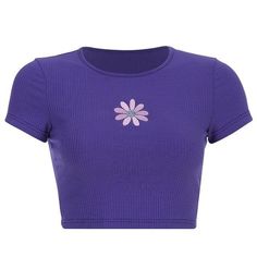 purple basic embroidery cute kawaii short sleeve turtleneck slim sexy crop top tshirt Floral Embroidery Top, Daisy Crop Top, Kawaii Shorts, Purple Daisy, Y2k Aesthetic Outfits, Grunge Look, Embroidery Top, Tops Casual, Cropped Tops