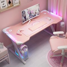 a computer desk with a keyboard and mouse on it in a room decorated in pastel colors