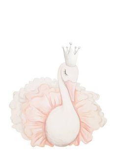 a white bird with a pink dress and a crown on it's head is standing in front of a white background