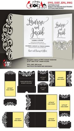 wedding stationery with black and yellow accents on the front, white envelopes and matching cards