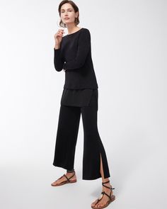 Style:  570352008  The Travelers™ Wide Leg Side Slit Ankle Pants look and feel fabulous. These bottoms have a comfortable and flattering wide leg fit, plus modest and fashionable side slits on the outer leg. Crafted with our travel-friendly, wrinkle resistant fabric, they're clean-lined, never wrinkle—and look flawless wherever you wear them. Travel-friendly, wrinkle-resistant naia sustainable fabric. Classic fit; wide leg, side slits, pull-on, ankle length. Regular inseam: 27". Petite inseam: 25". 96% acetate, 4% elastane. Machine wash. Imported. Online exclusive. Travel Clothing, Fall Pants, Pant Trends, Slim Leg Pants, Womens Designer Fashion, Sweaters And Jeans, Sporty Look, High Waisted Trousers, Ankle Pants