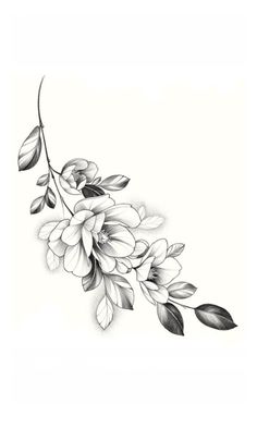 a black and white drawing of flowers with leaves