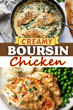 creamy boursin chicken with gravy in a skillet and green peas