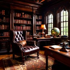 an old fashioned leather chair sits in front of a desk with bookshelves and a globe on it