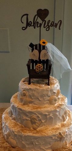 a three tiered wedding cake sitting on top of a table