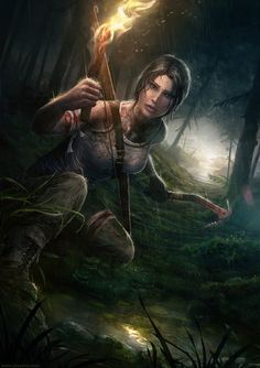 a young man holding a bow and arrow in the woods with fire coming from his chest