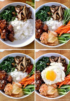 four pictures show different types of food including rice, carrots, and an egg